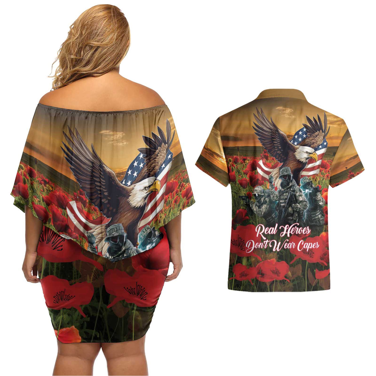 US Veterans Day American Army Couples Matching Off Shoulder Short Dress and Hawaiian Shirt With Poppy Flowers - Wonder Print Shop