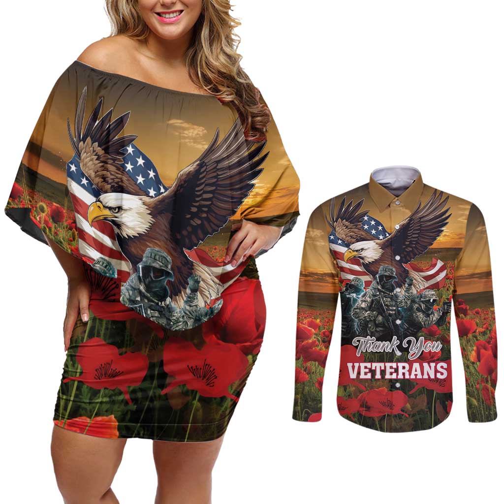 US Veterans Day American Army Couples Matching Off Shoulder Short Dress and Long Sleeve Button Shirt With Poppy Flowers - Wonder Print Shop