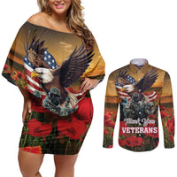 US Veterans Day American Army Couples Matching Off Shoulder Short Dress and Long Sleeve Button Shirt With Poppy Flowers - Wonder Print Shop