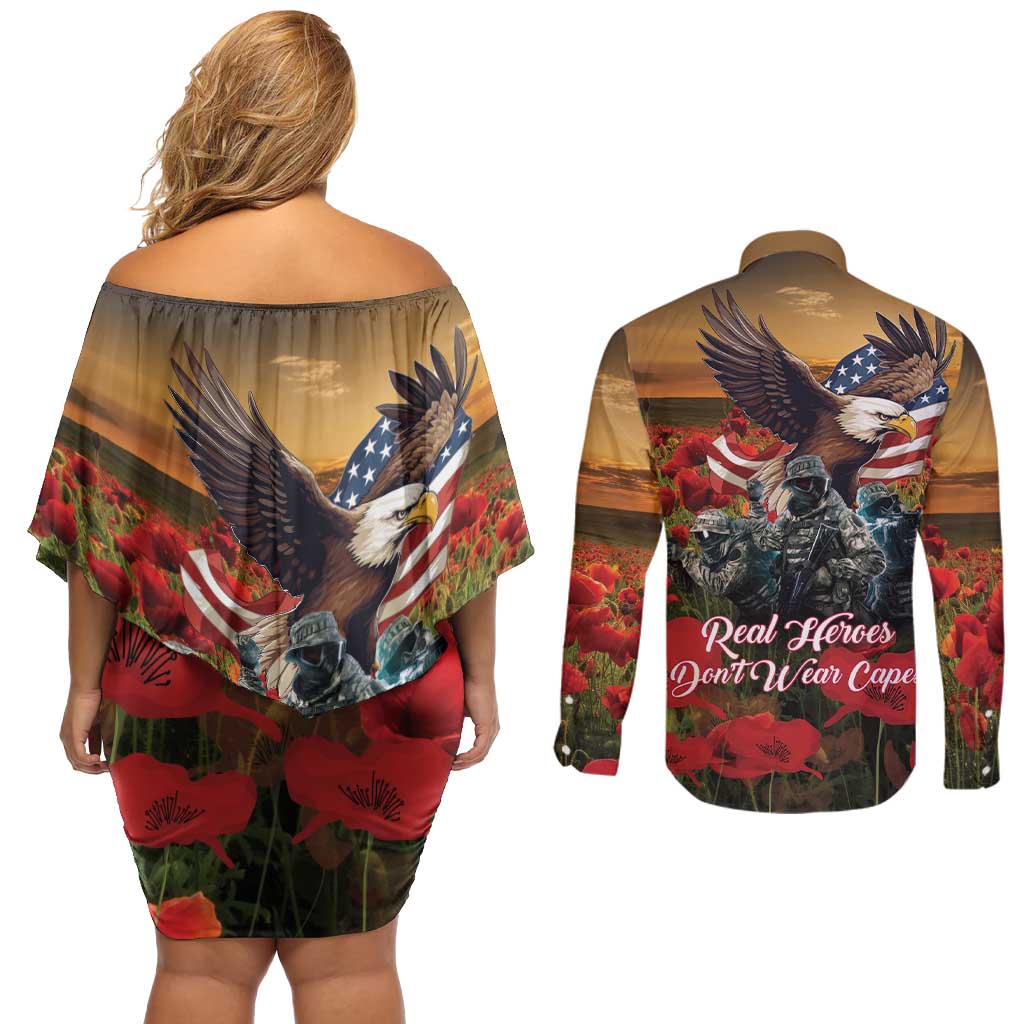 US Veterans Day American Army Couples Matching Off Shoulder Short Dress and Long Sleeve Button Shirt With Poppy Flowers - Wonder Print Shop