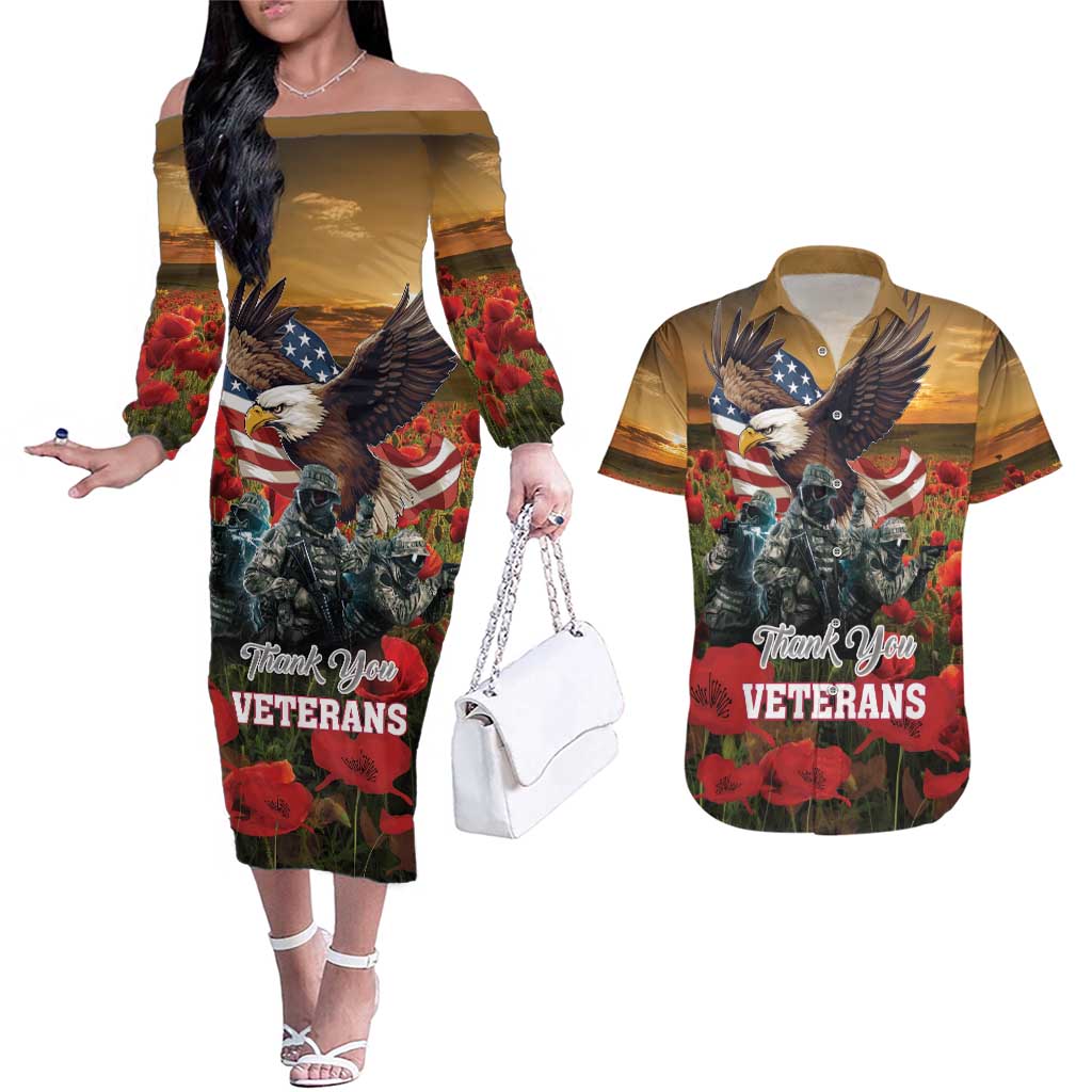 US Veterans Day American Army Couples Matching Off The Shoulder Long Sleeve Dress and Hawaiian Shirt With Poppy Flowers - Wonder Print Shop