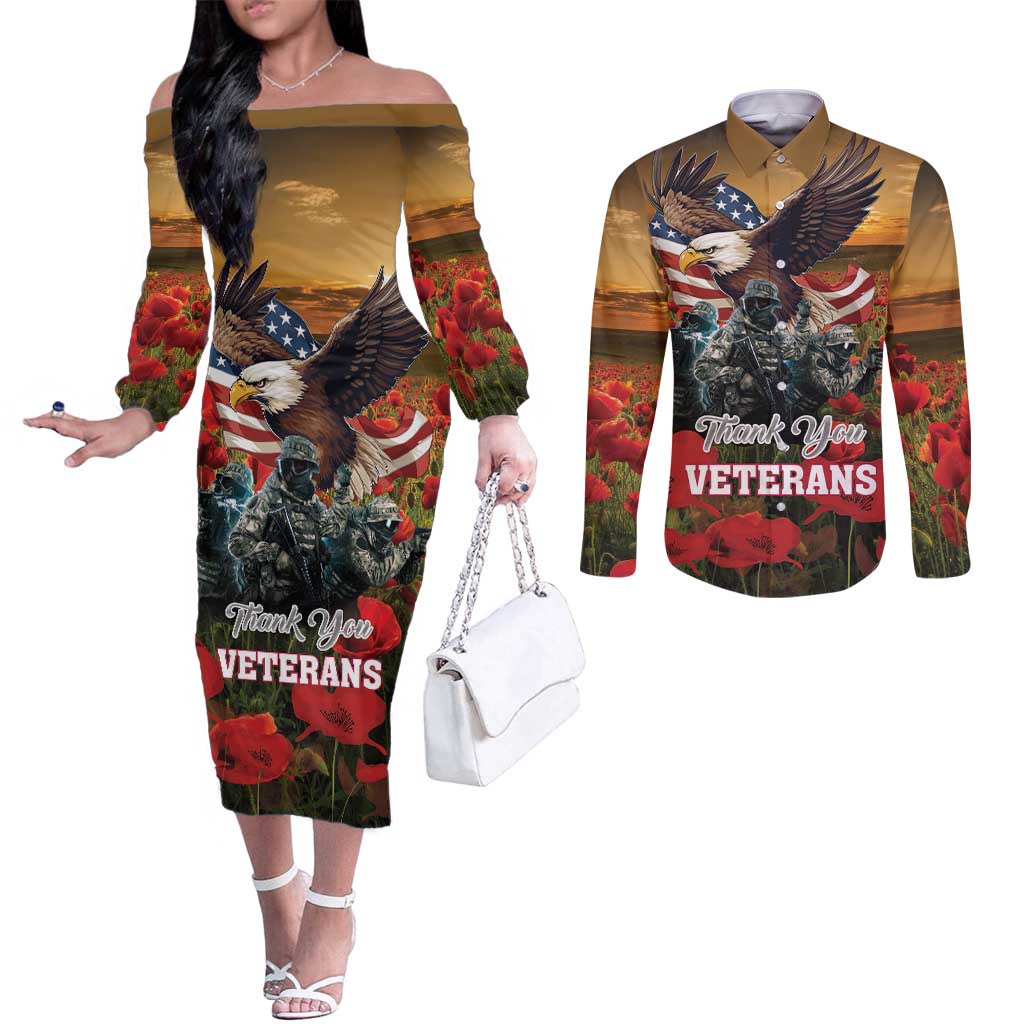 US Veterans Day American Army Couples Matching Off The Shoulder Long Sleeve Dress and Long Sleeve Button Shirt With Poppy Flowers