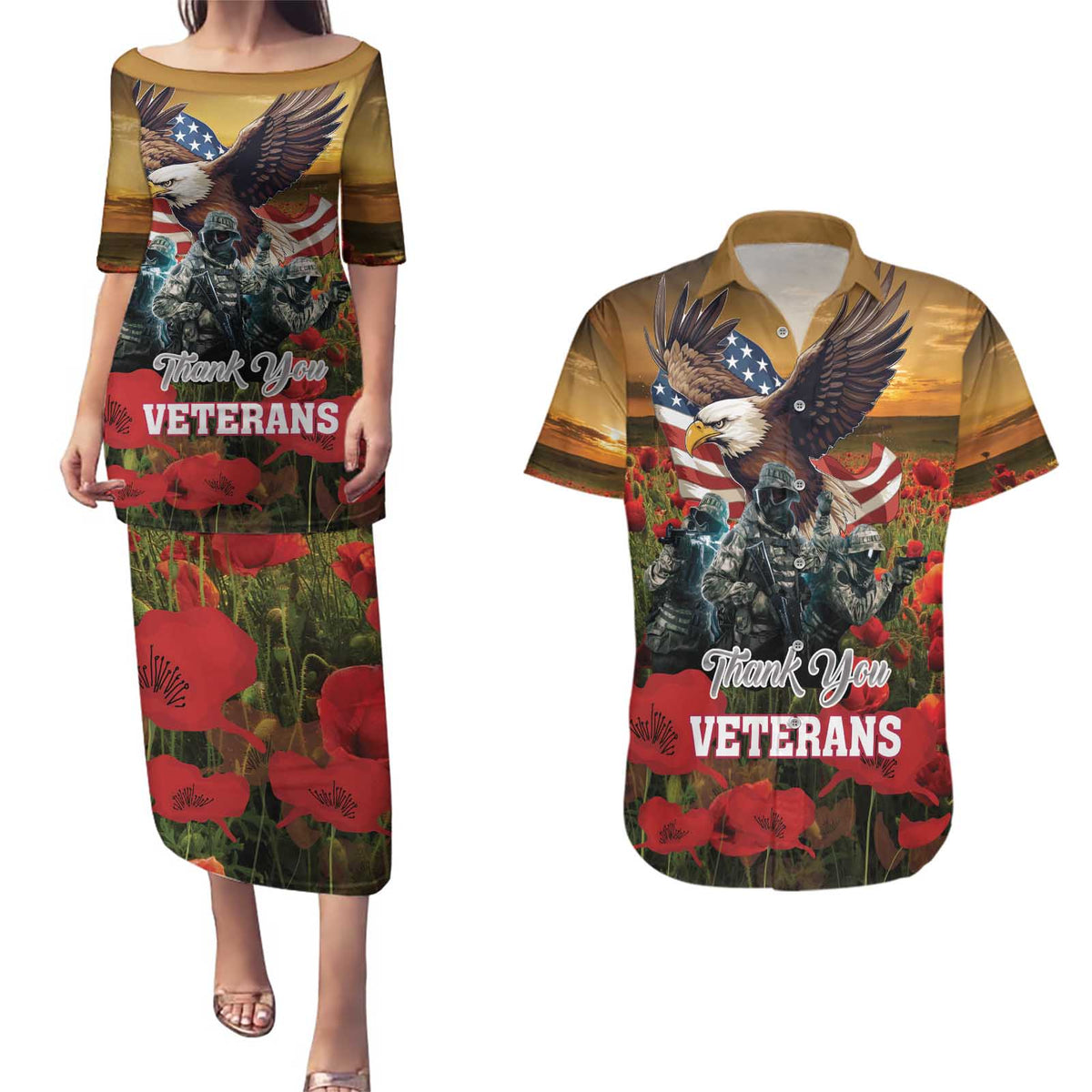 US Veterans Day American Army Couples Matching Puletasi and Hawaiian Shirt With Poppy Flowers - Wonder Print Shop