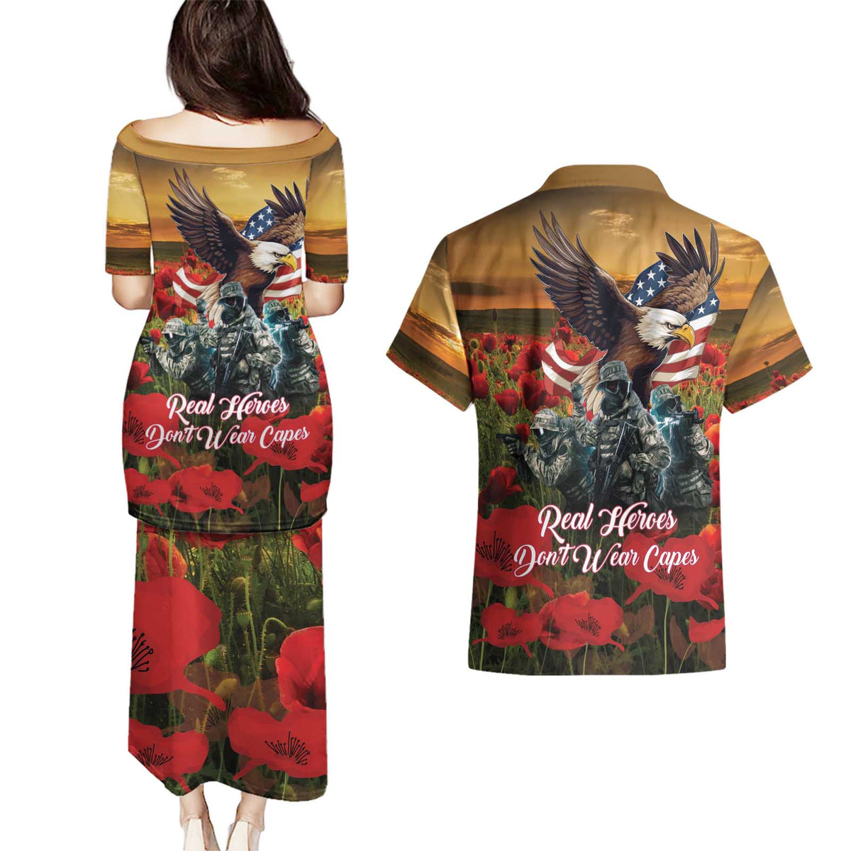 US Veterans Day American Army Couples Matching Puletasi and Hawaiian Shirt With Poppy Flowers - Wonder Print Shop