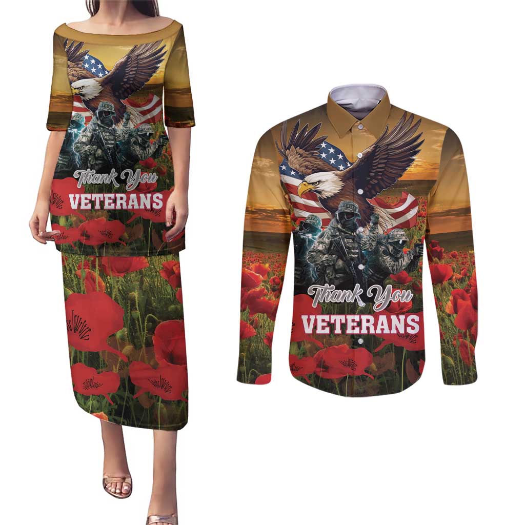 US Veterans Day American Army Couples Matching Puletasi and Long Sleeve Button Shirt With Poppy Flowers - Wonder Print Shop