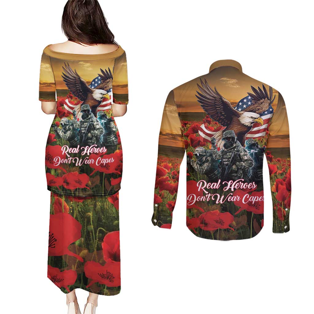 US Veterans Day American Army Couples Matching Puletasi and Long Sleeve Button Shirt With Poppy Flowers - Wonder Print Shop