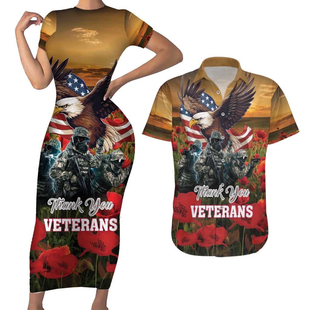 US Veterans Day American Army Couples Matching Short Sleeve Bodycon Dress and Hawaiian Shirt With Poppy Flowers - Wonder Print Shop