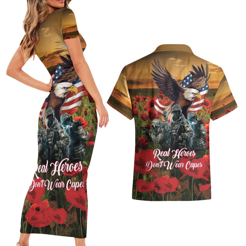 US Veterans Day American Army Couples Matching Short Sleeve Bodycon Dress and Hawaiian Shirt With Poppy Flowers - Wonder Print Shop
