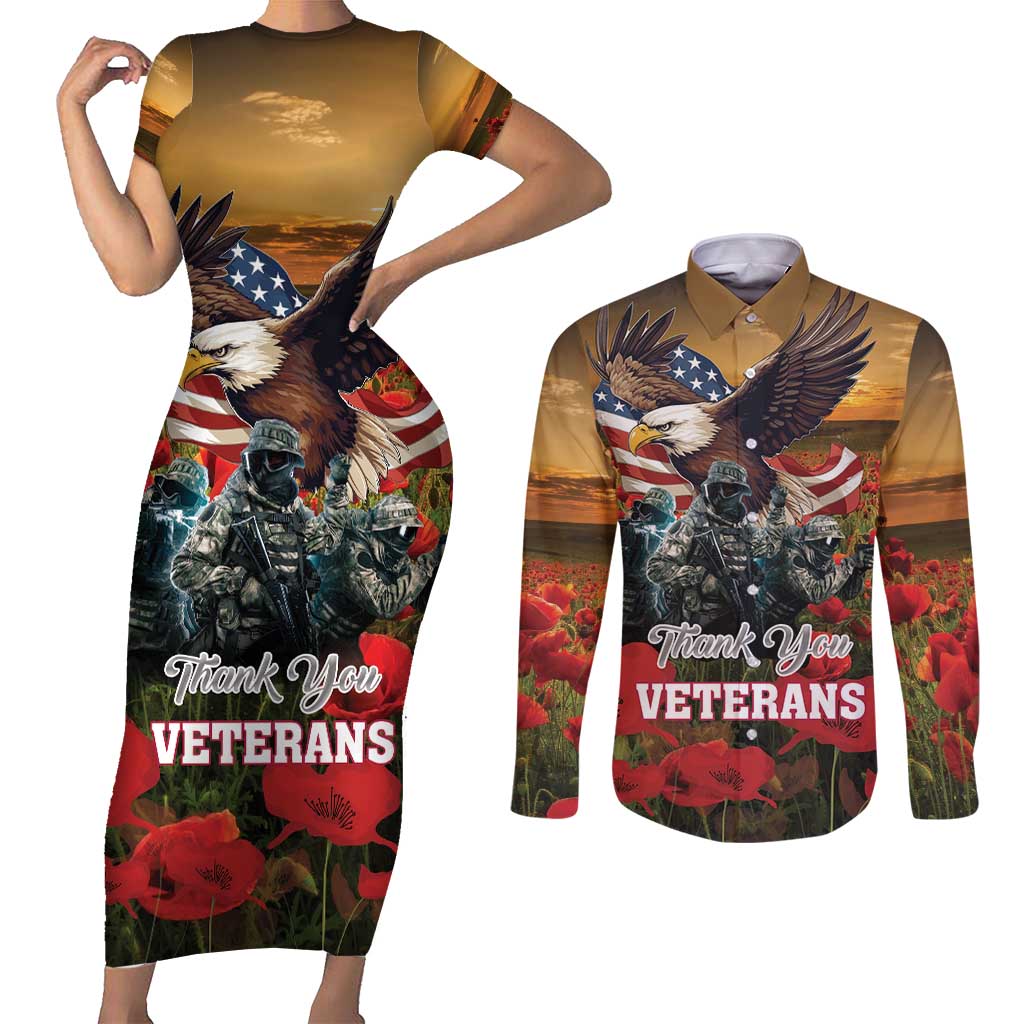 US Veterans Day American Army Couples Matching Short Sleeve Bodycon Dress and Long Sleeve Button Shirt With Poppy Flowers - Wonder Print Shop