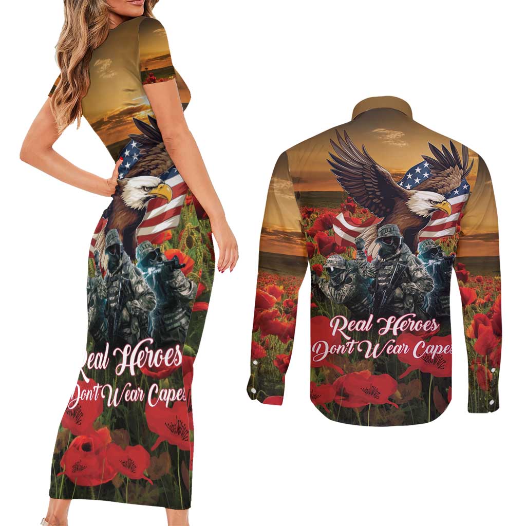 US Veterans Day American Army Couples Matching Short Sleeve Bodycon Dress and Long Sleeve Button Shirt With Poppy Flowers - Wonder Print Shop