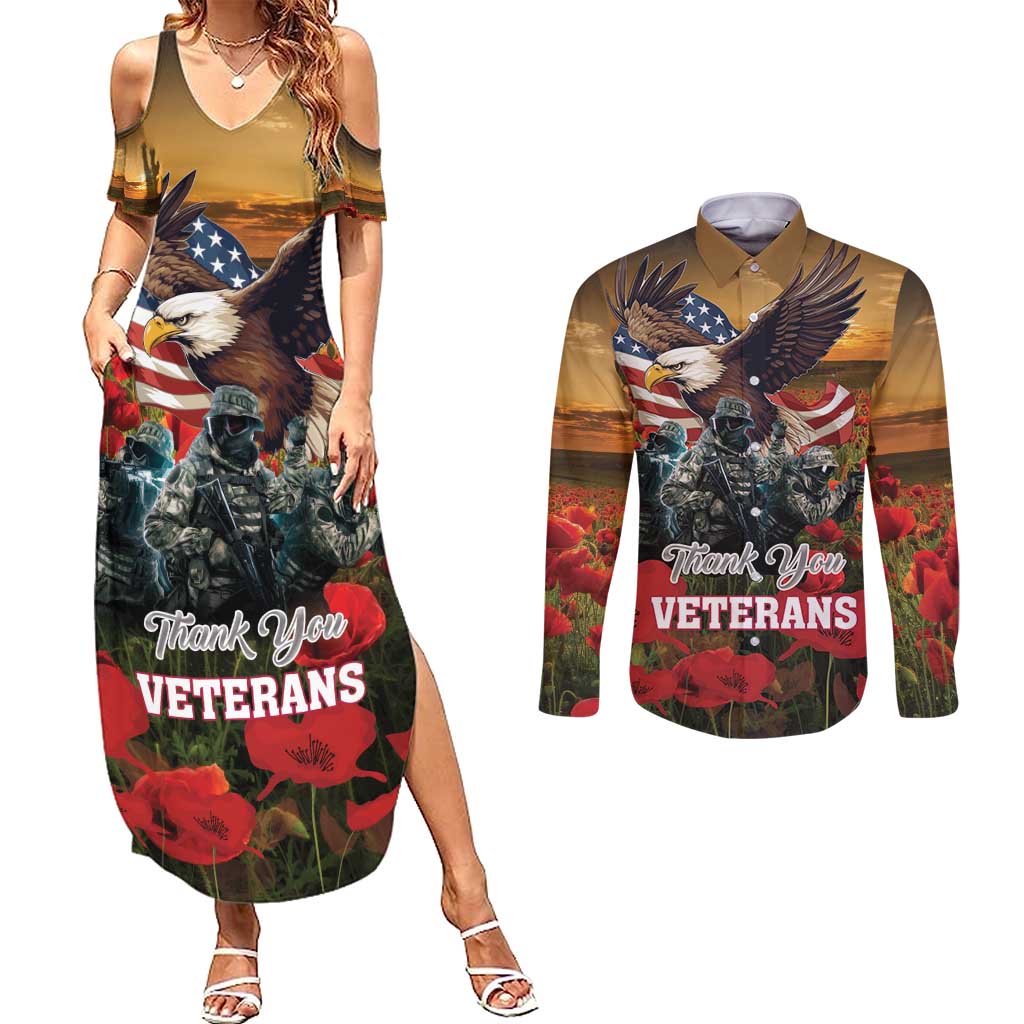 US Veterans Day American Army Couples Matching Summer Maxi Dress and Long Sleeve Button Shirt With Poppy Flowers - Wonder Print Shop
