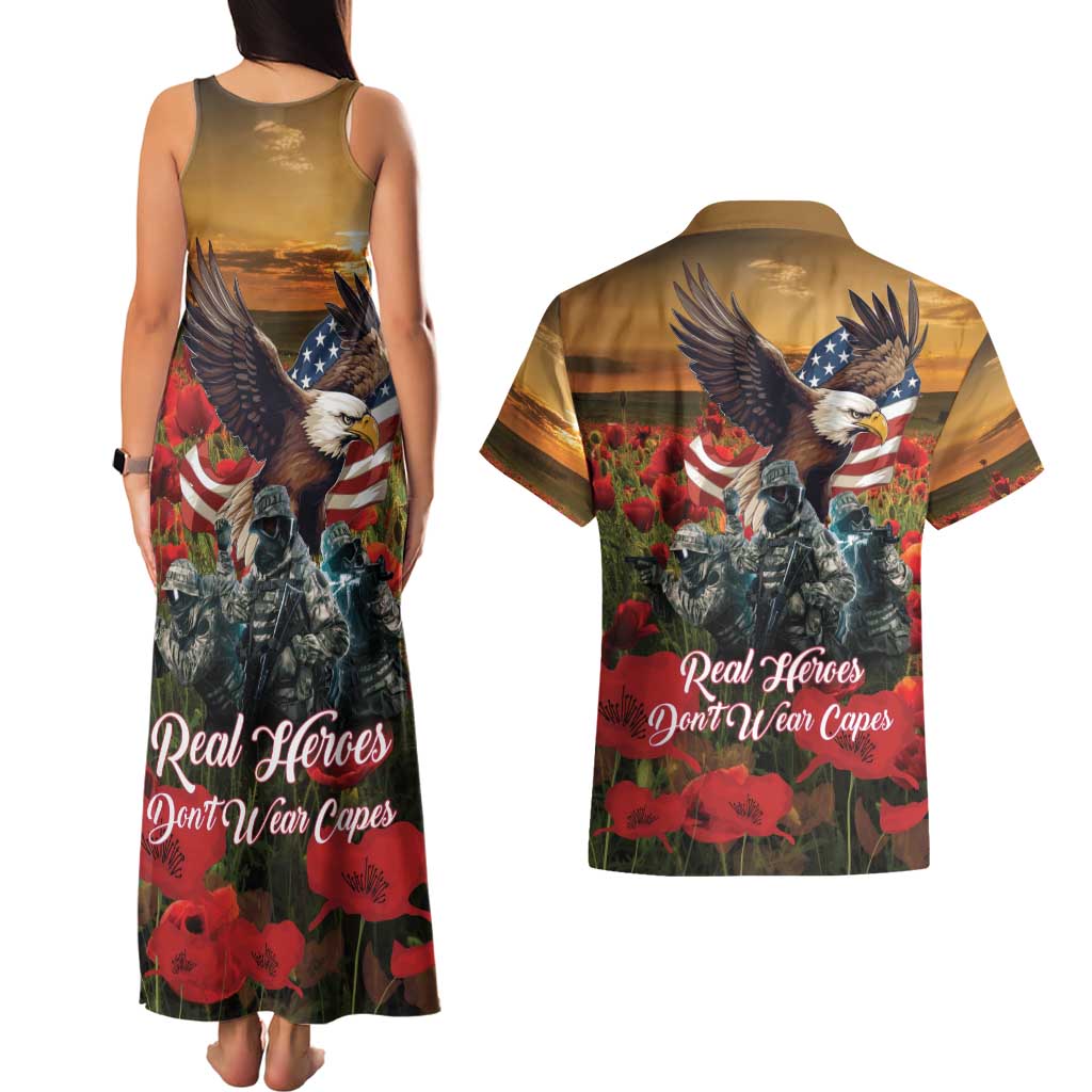 US Veterans Day American Army Couples Matching Tank Maxi Dress and Hawaiian Shirt With Poppy Flowers - Wonder Print Shop