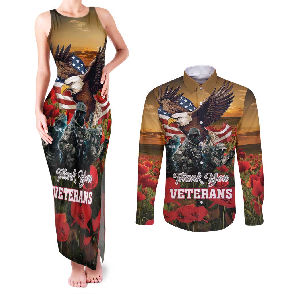 US Veterans Day American Army Couples Matching Tank Maxi Dress and Long Sleeve Button Shirt With Poppy Flowers - Wonder Print Shop