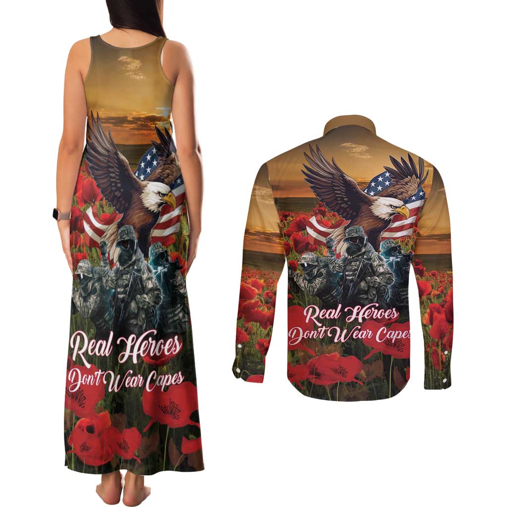 US Veterans Day American Army Couples Matching Tank Maxi Dress and Long Sleeve Button Shirt With Poppy Flowers - Wonder Print Shop