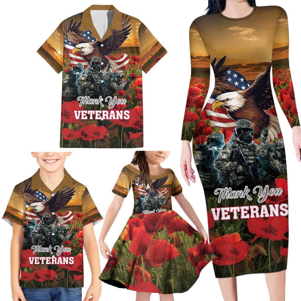 US Veterans Day American Army Family Matching Long Sleeve Bodycon Dress and Hawaiian Shirt With Poppy Flowers - Wonder Print Shop