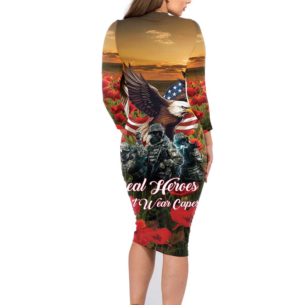 US Veterans Day American Army Family Matching Long Sleeve Bodycon Dress and Hawaiian Shirt With Poppy Flowers - Wonder Print Shop