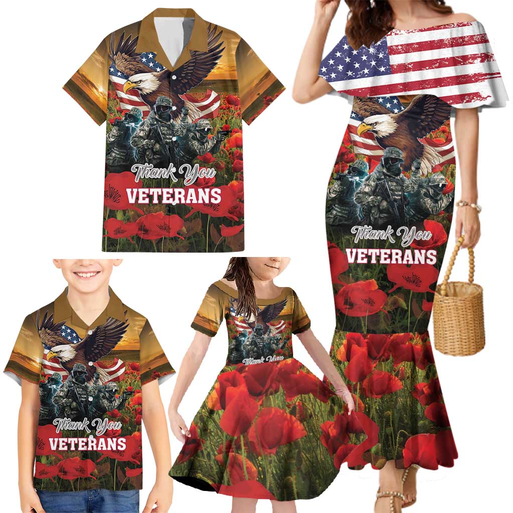 US Veterans Day American Army Family Matching Mermaid Dress and Hawaiian Shirt With Poppy Flowers - Wonder Print Shop