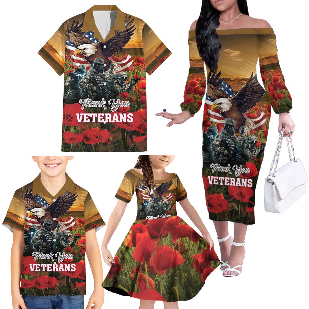 US Veterans Day American Army Family Matching Off The Shoulder Long Sleeve Dress and Hawaiian Shirt With Poppy Flowers - Wonder Print Shop
