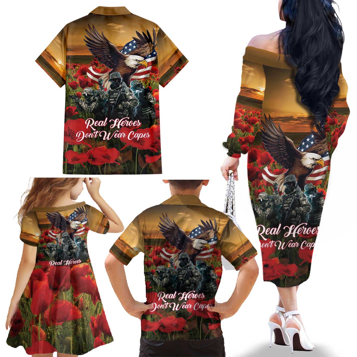 US Veterans Day American Army Family Matching Off The Shoulder Long Sleeve Dress and Hawaiian Shirt With Poppy Flowers - Wonder Print Shop