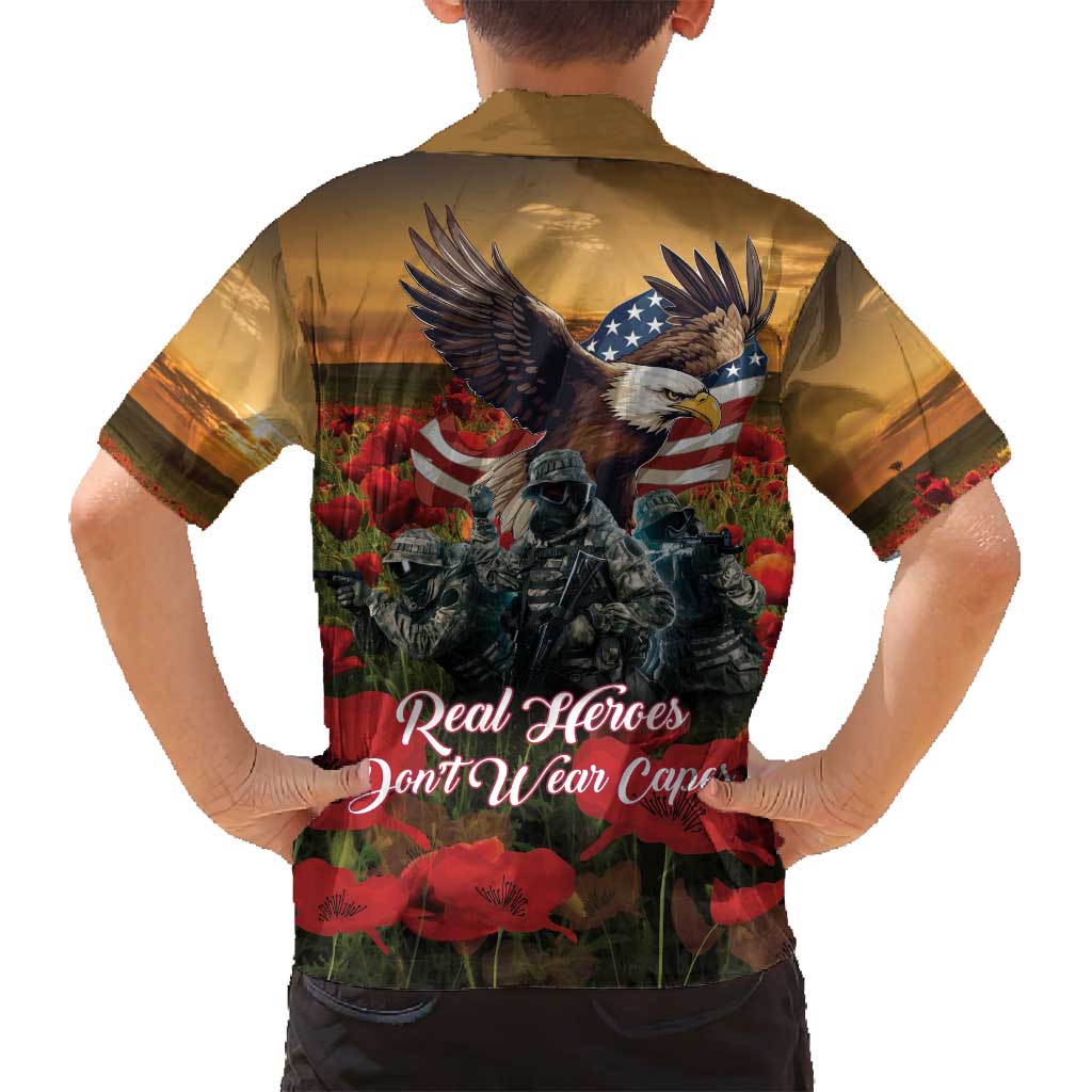 US Veterans Day American Army Family Matching Off Shoulder Maxi Dress and Hawaiian Shirt With Poppy Flowers - Wonder Print Shop