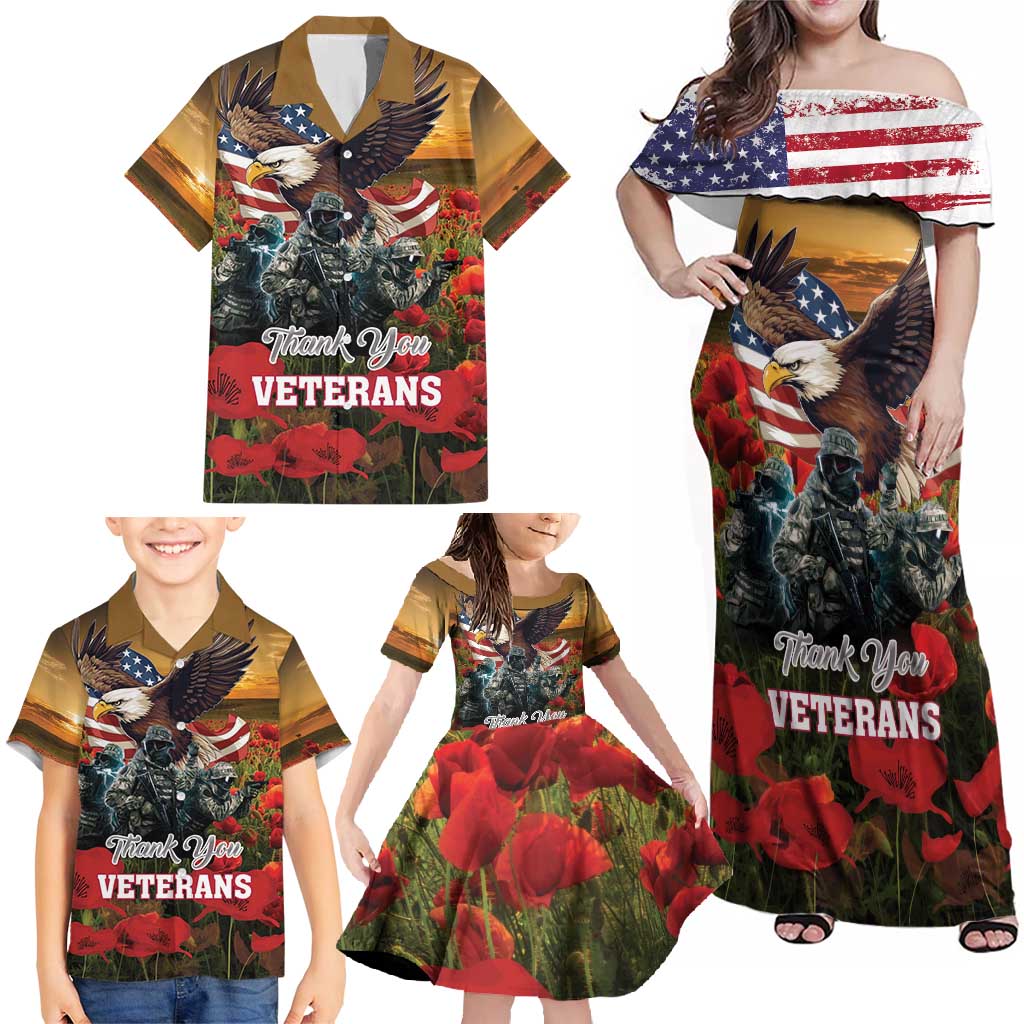 US Veterans Day American Army Family Matching Off Shoulder Maxi Dress and Hawaiian Shirt With Poppy Flowers - Wonder Print Shop