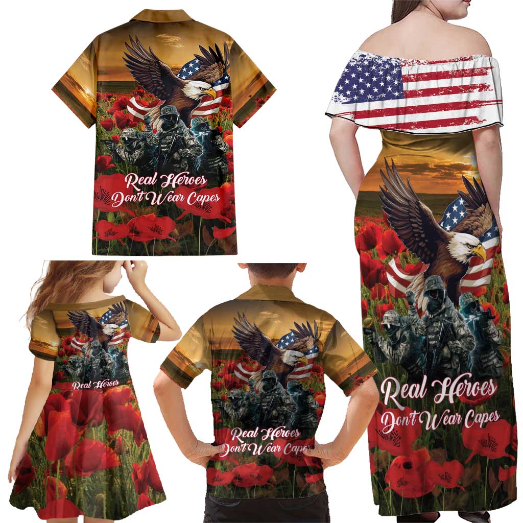 US Veterans Day American Army Family Matching Off Shoulder Maxi Dress and Hawaiian Shirt With Poppy Flowers - Wonder Print Shop