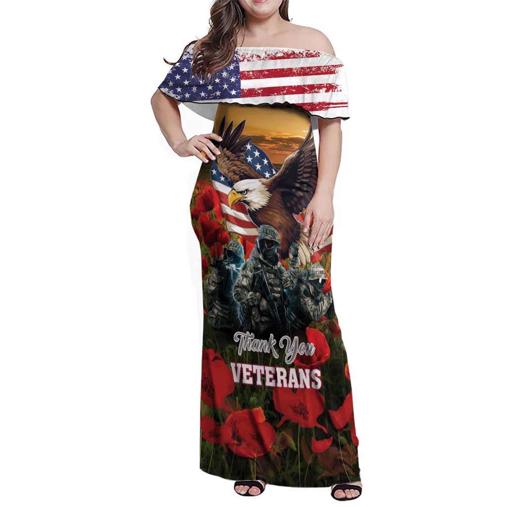 US Veterans Day American Army Family Matching Off Shoulder Maxi Dress and Hawaiian Shirt With Poppy Flowers - Wonder Print Shop