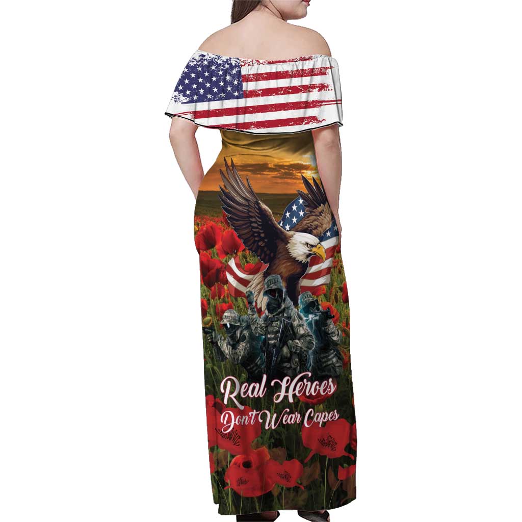 US Veterans Day American Army Family Matching Off Shoulder Maxi Dress and Hawaiian Shirt With Poppy Flowers - Wonder Print Shop