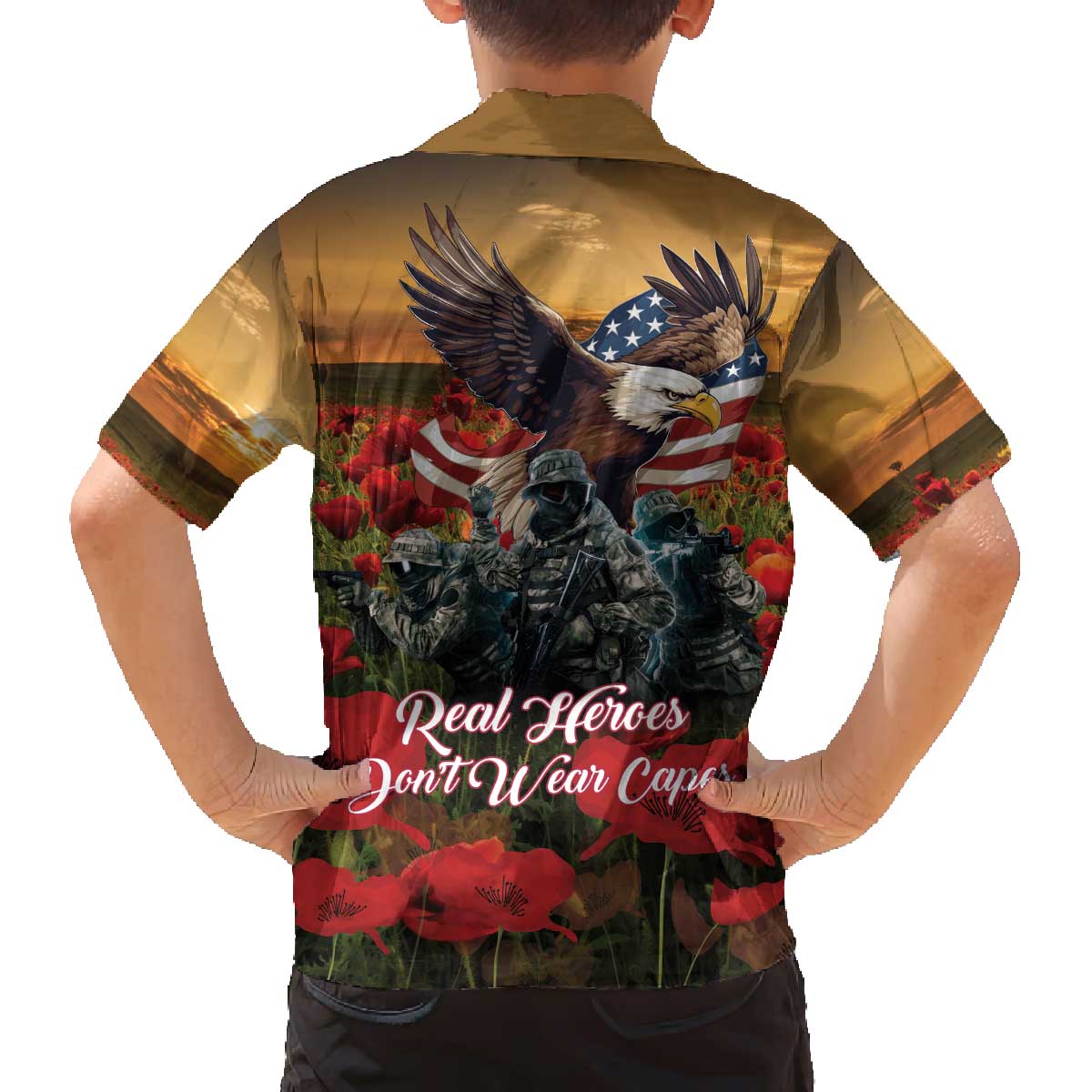 US Veterans Day American Army Family Matching Off Shoulder Short Dress and Hawaiian Shirt With Poppy Flowers - Wonder Print Shop