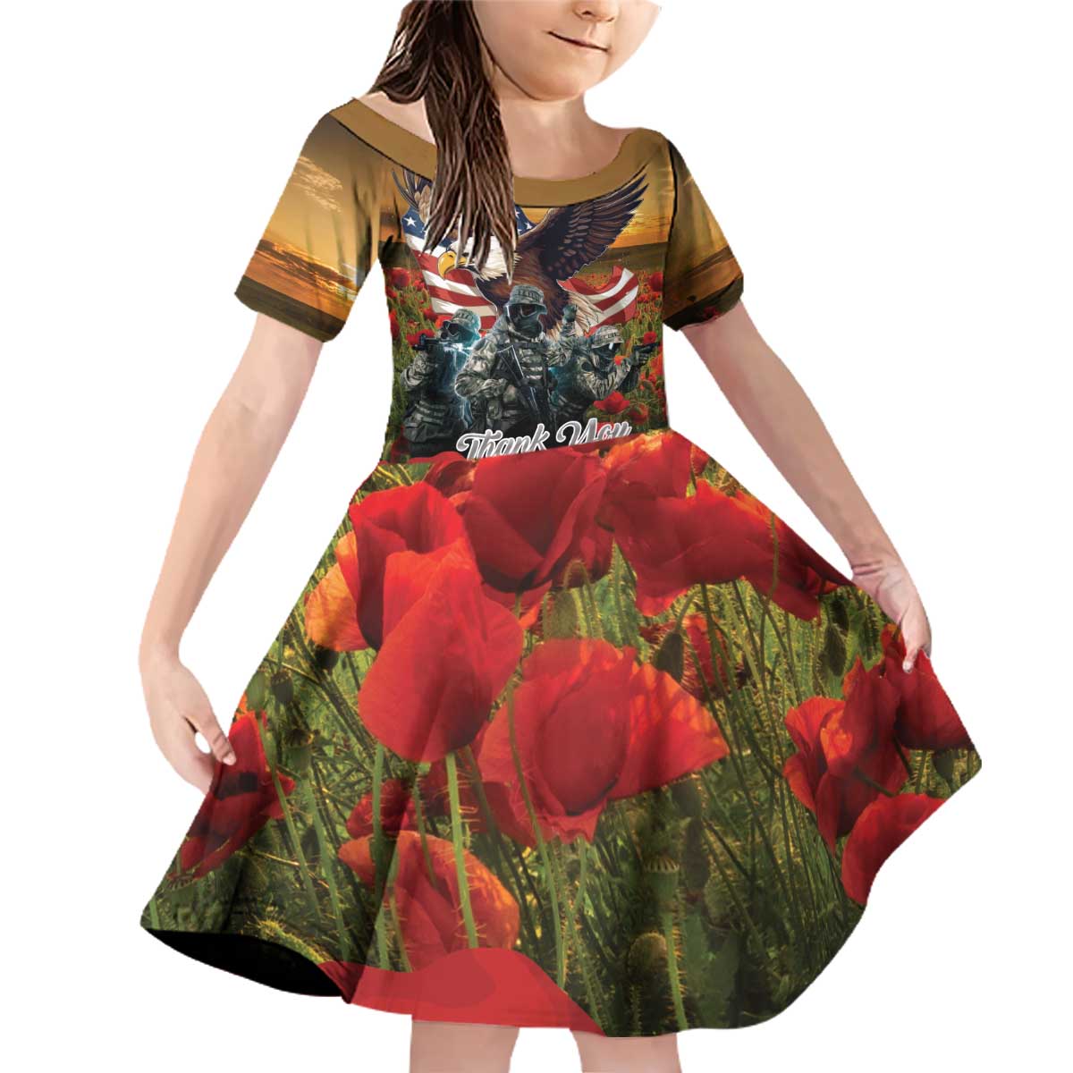 US Veterans Day American Army Family Matching Off Shoulder Short Dress and Hawaiian Shirt With Poppy Flowers - Wonder Print Shop