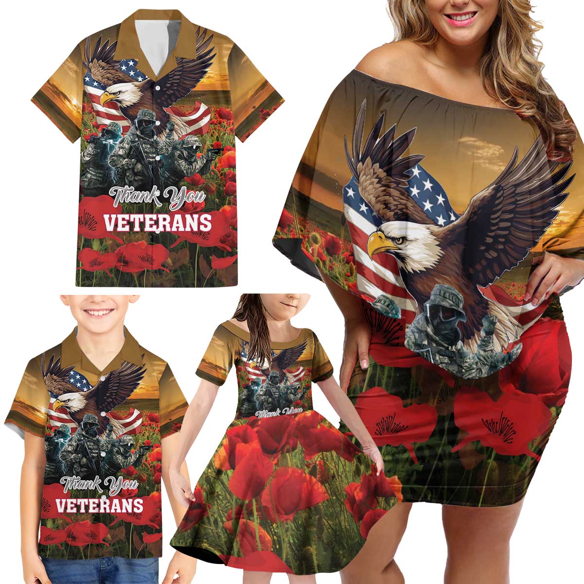 US Veterans Day American Army Family Matching Off Shoulder Short Dress and Hawaiian Shirt With Poppy Flowers - Wonder Print Shop