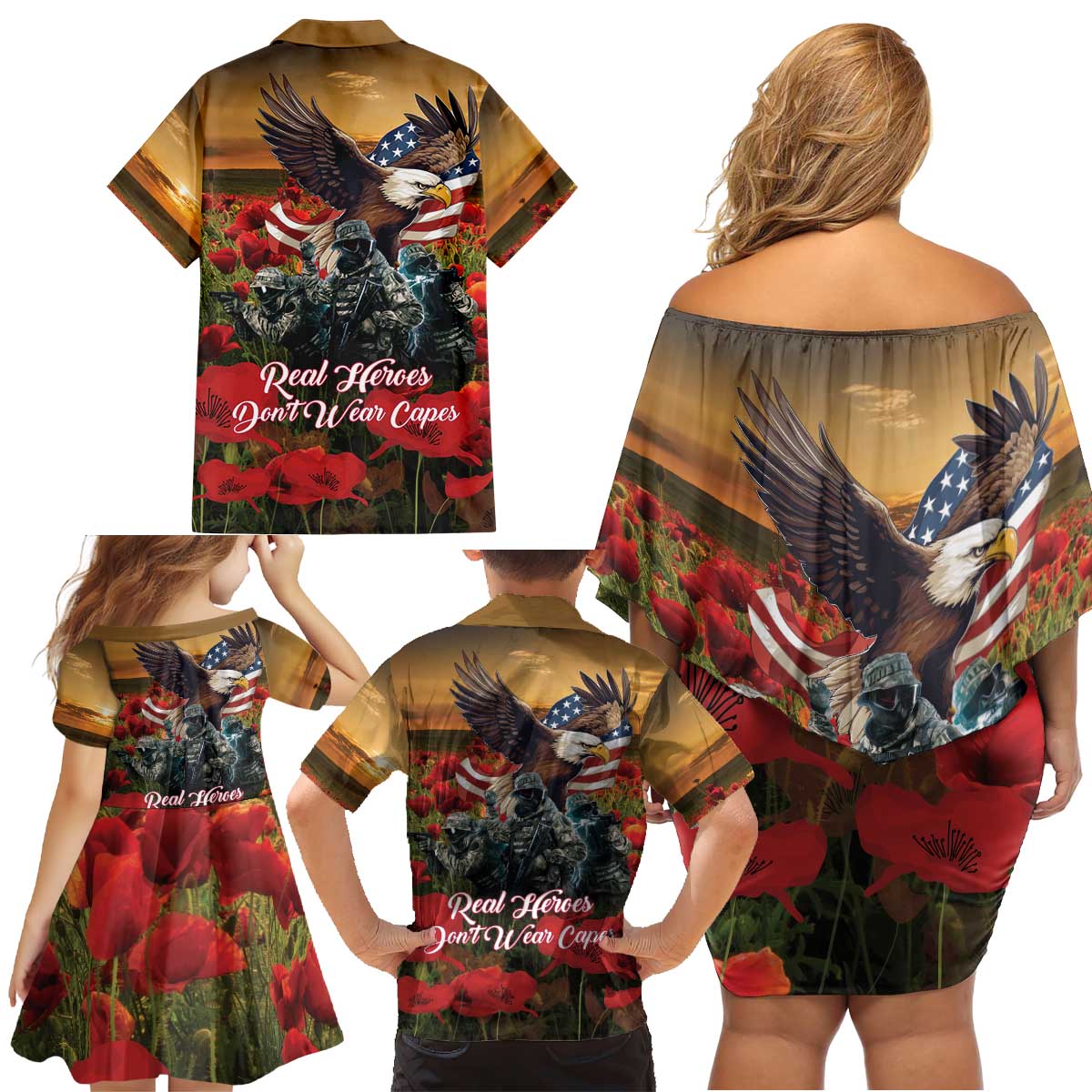 US Veterans Day American Army Family Matching Off Shoulder Short Dress and Hawaiian Shirt With Poppy Flowers - Wonder Print Shop