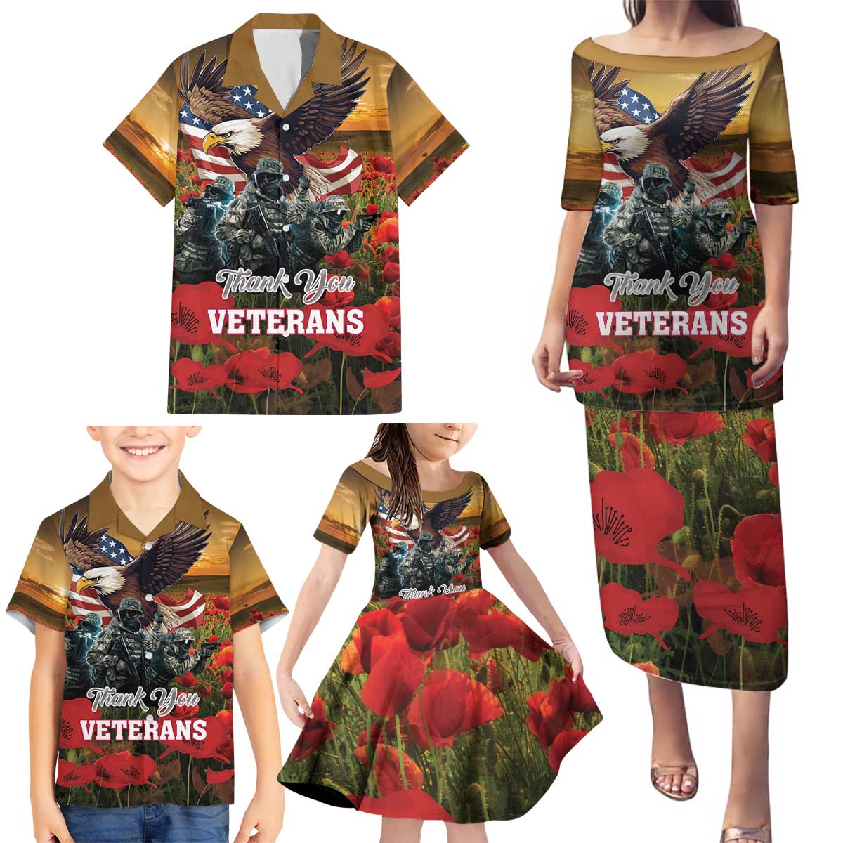US Veterans Day American Army Family Matching Puletasi and Hawaiian Shirt With Poppy Flowers - Wonder Print Shop