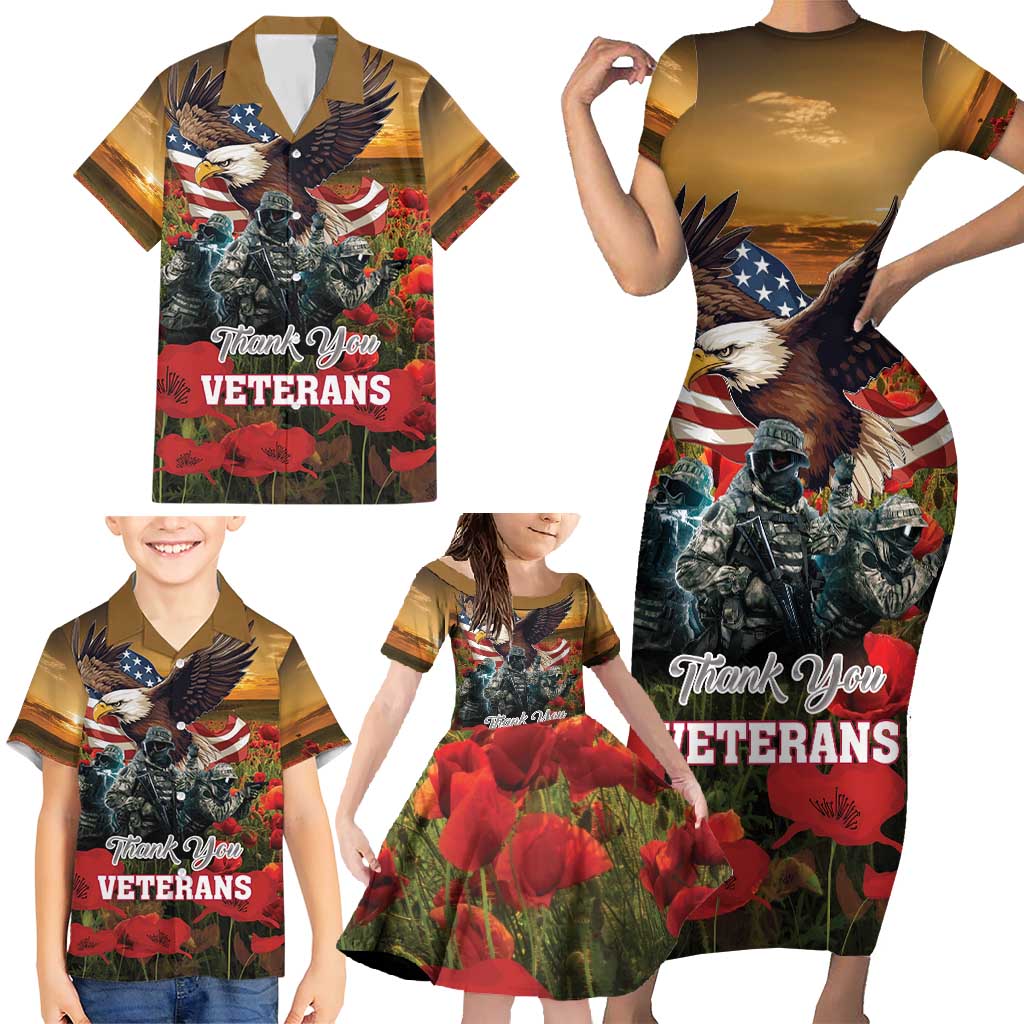US Veterans Day American Army Family Matching Short Sleeve Bodycon Dress and Hawaiian Shirt With Poppy Flowers - Wonder Print Shop