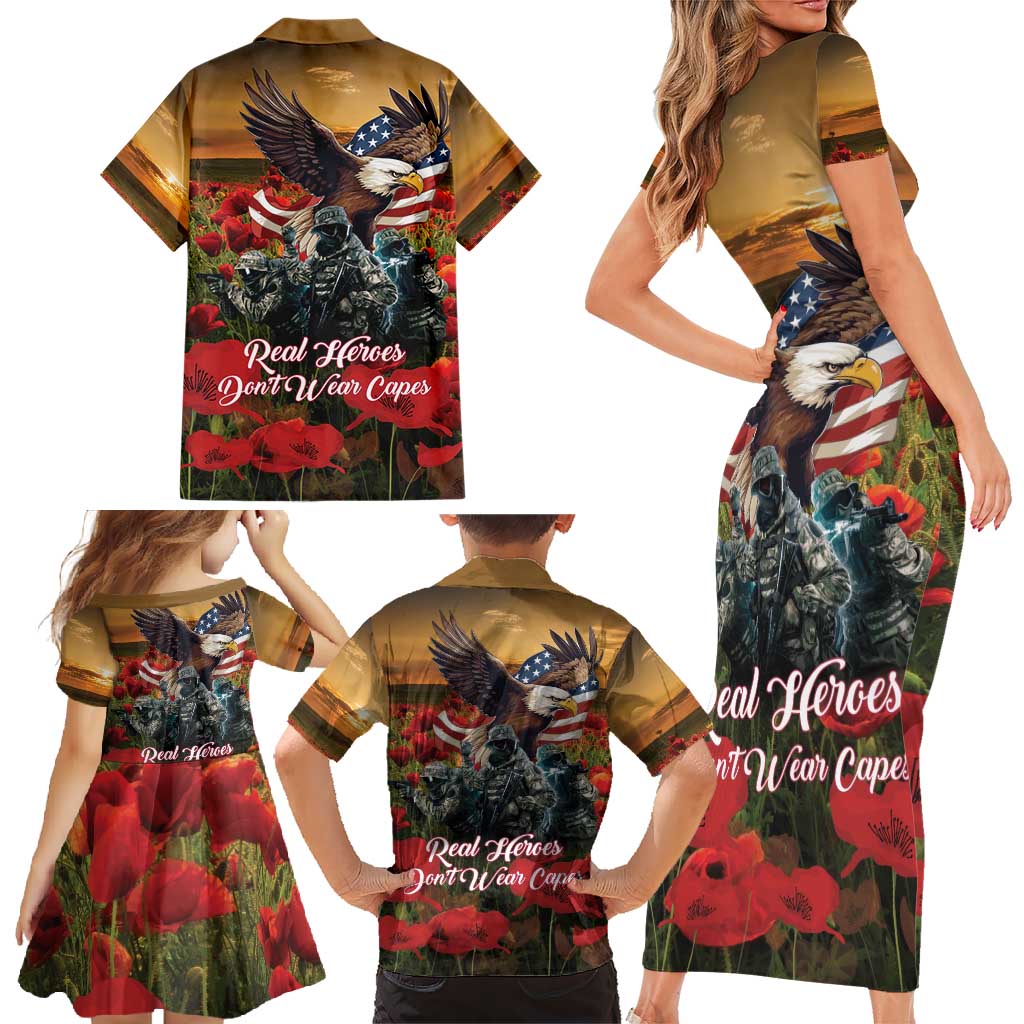 US Veterans Day American Army Family Matching Short Sleeve Bodycon Dress and Hawaiian Shirt With Poppy Flowers - Wonder Print Shop