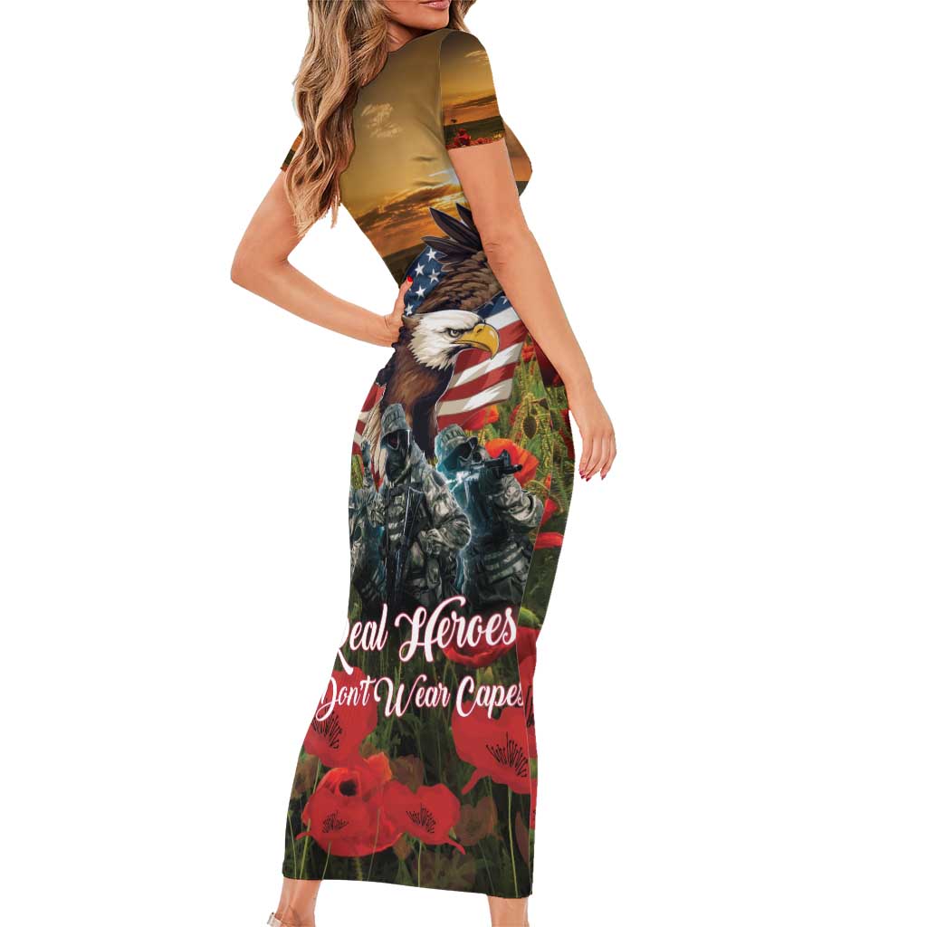 US Veterans Day American Army Family Matching Short Sleeve Bodycon Dress and Hawaiian Shirt With Poppy Flowers - Wonder Print Shop
