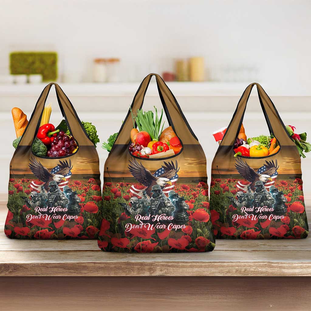 US Veterans Day American Army Grocery Bag With Poppy Flowers
