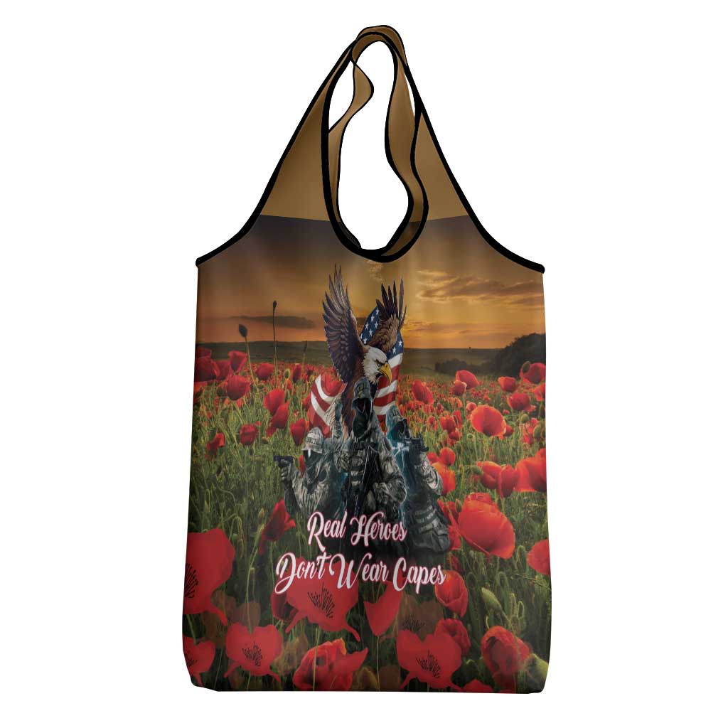 US Veterans Day American Army Grocery Bag With Poppy Flowers