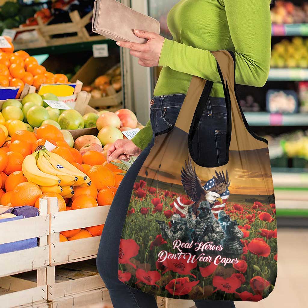 US Veterans Day American Army Grocery Bag With Poppy Flowers