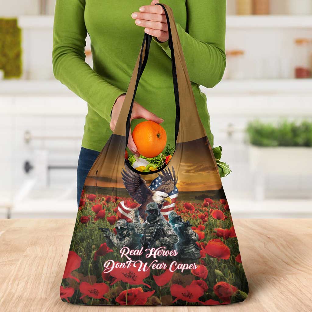 US Veterans Day American Army Grocery Bag With Poppy Flowers