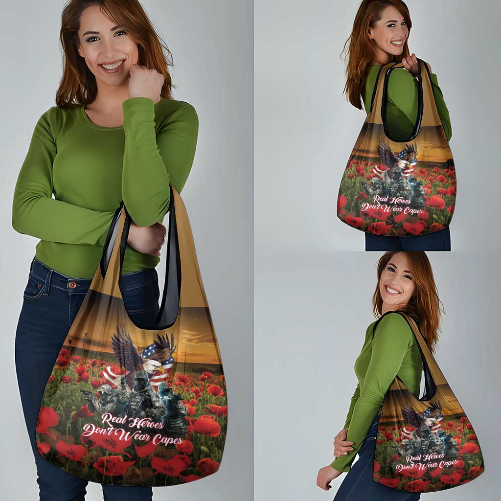 US Veterans Day American Army Grocery Bag With Poppy Flowers