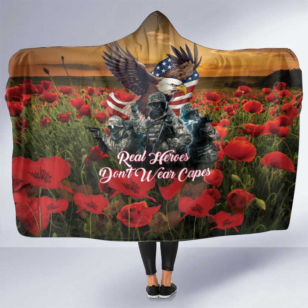 US Veterans Day American Army Hooded Blanket With Poppy Flowers
