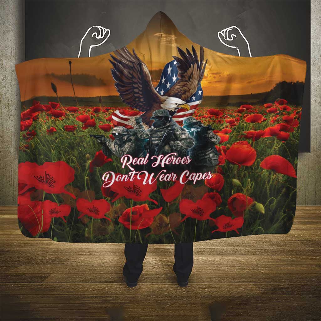 US Veterans Day American Army Hooded Blanket With Poppy Flowers