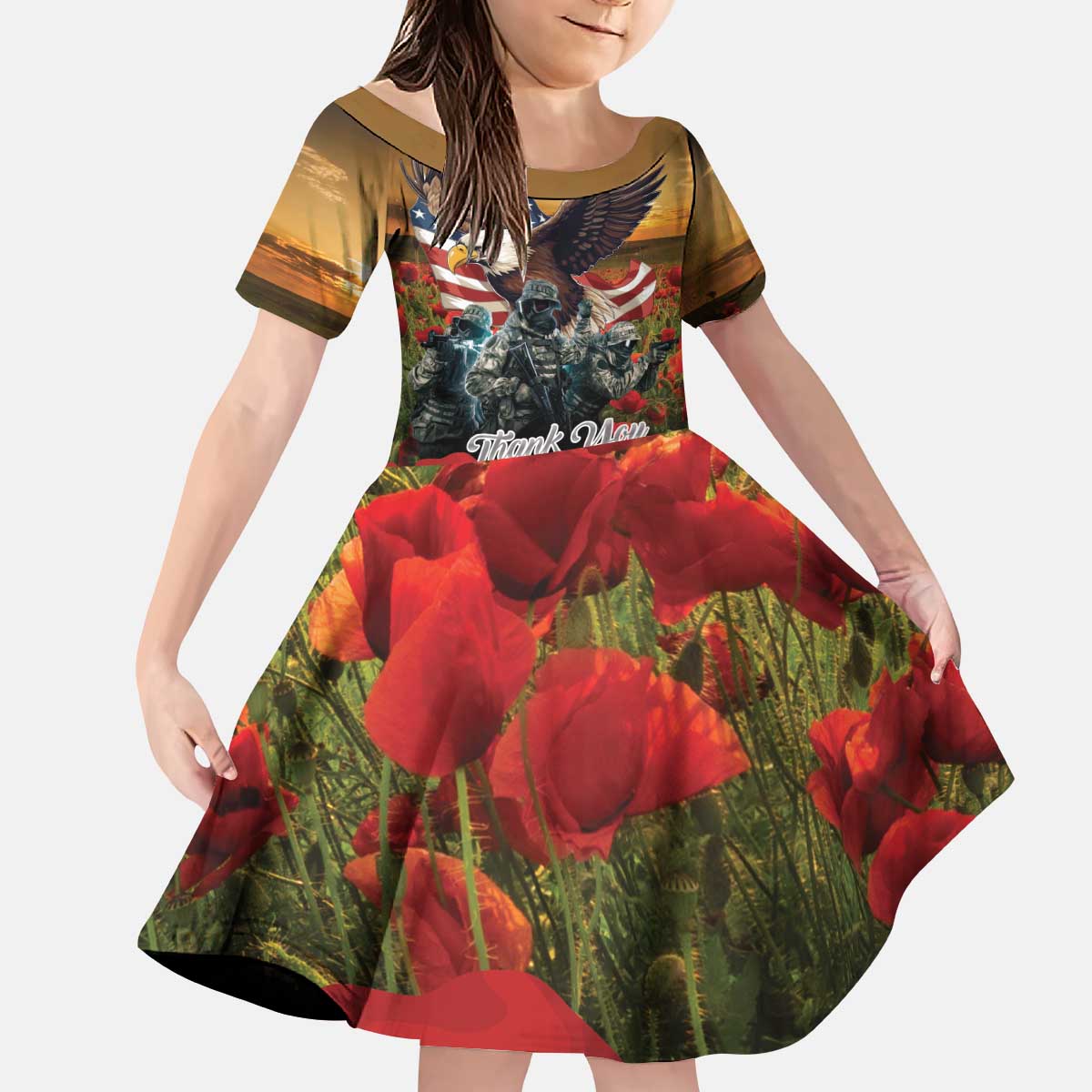 US Veterans Day American Army Kid Short Sleeve Dress With Poppy Flowers - Wonder Print Shop