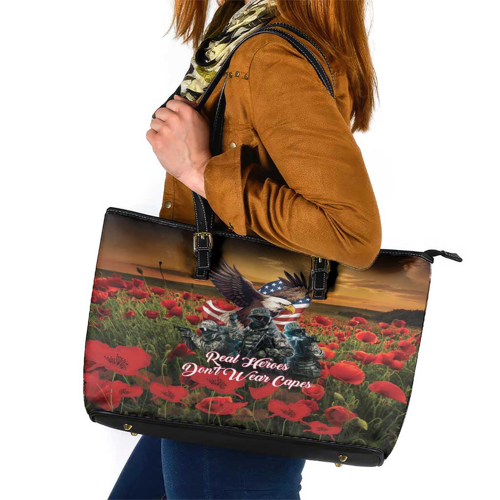 US Veterans Day American Army Leather Tote Bag With Poppy Flowers - Wonder Print Shop