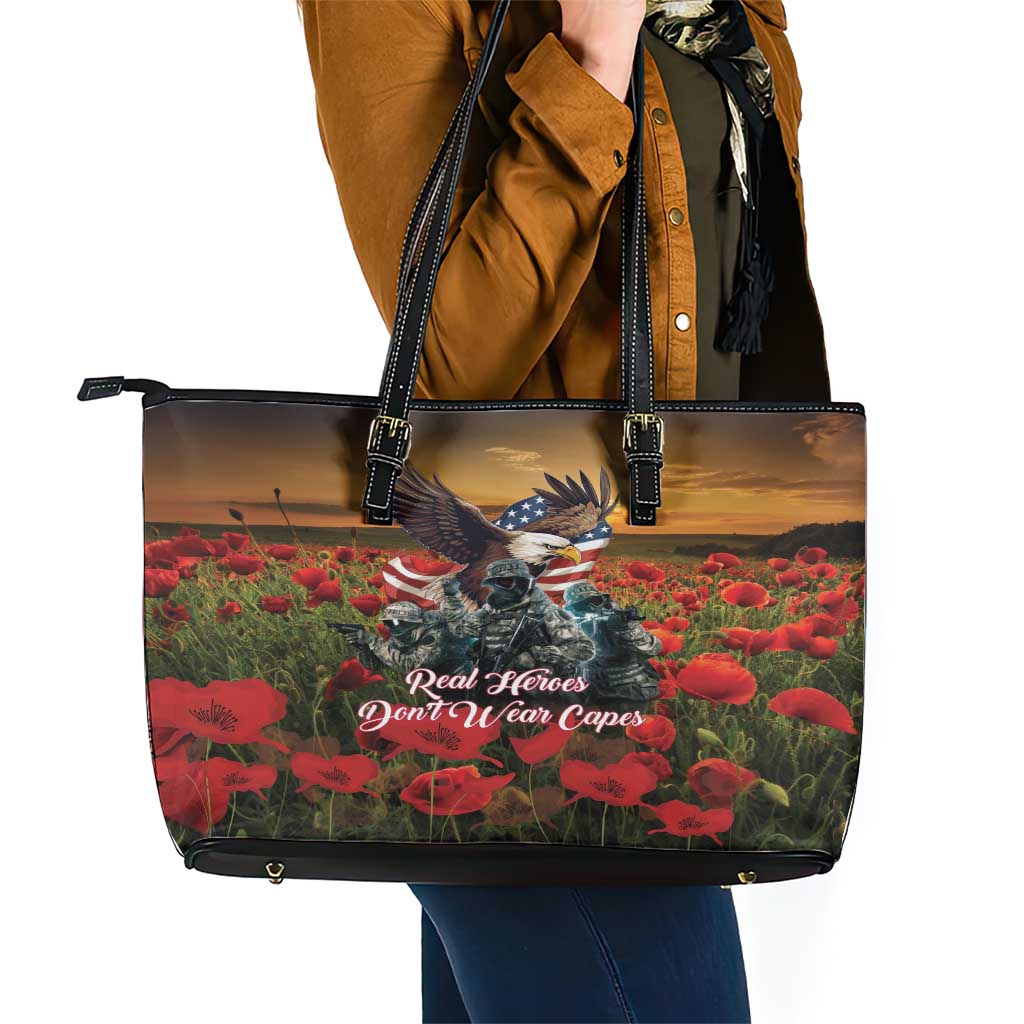 US Veterans Day American Army Leather Tote Bag With Poppy Flowers - Wonder Print Shop
