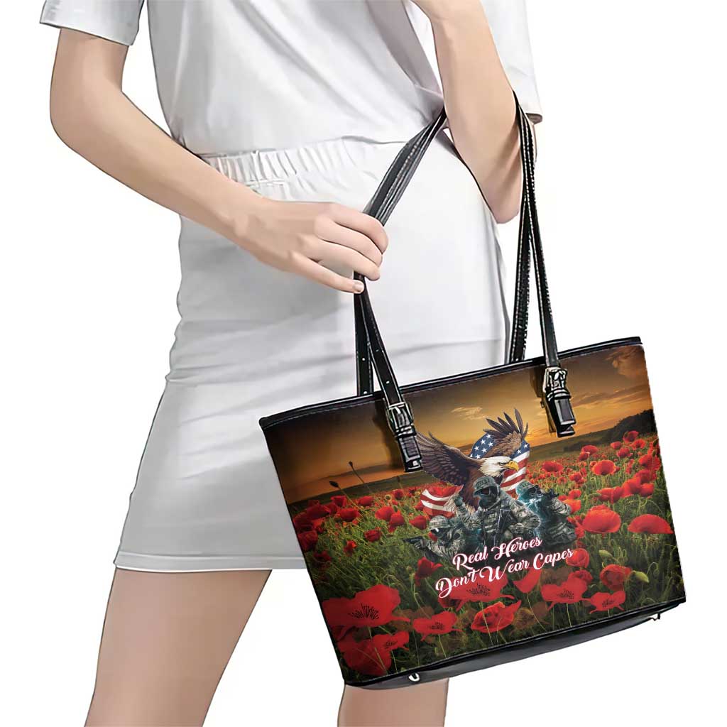 US Veterans Day American Army Leather Tote Bag With Poppy Flowers - Wonder Print Shop