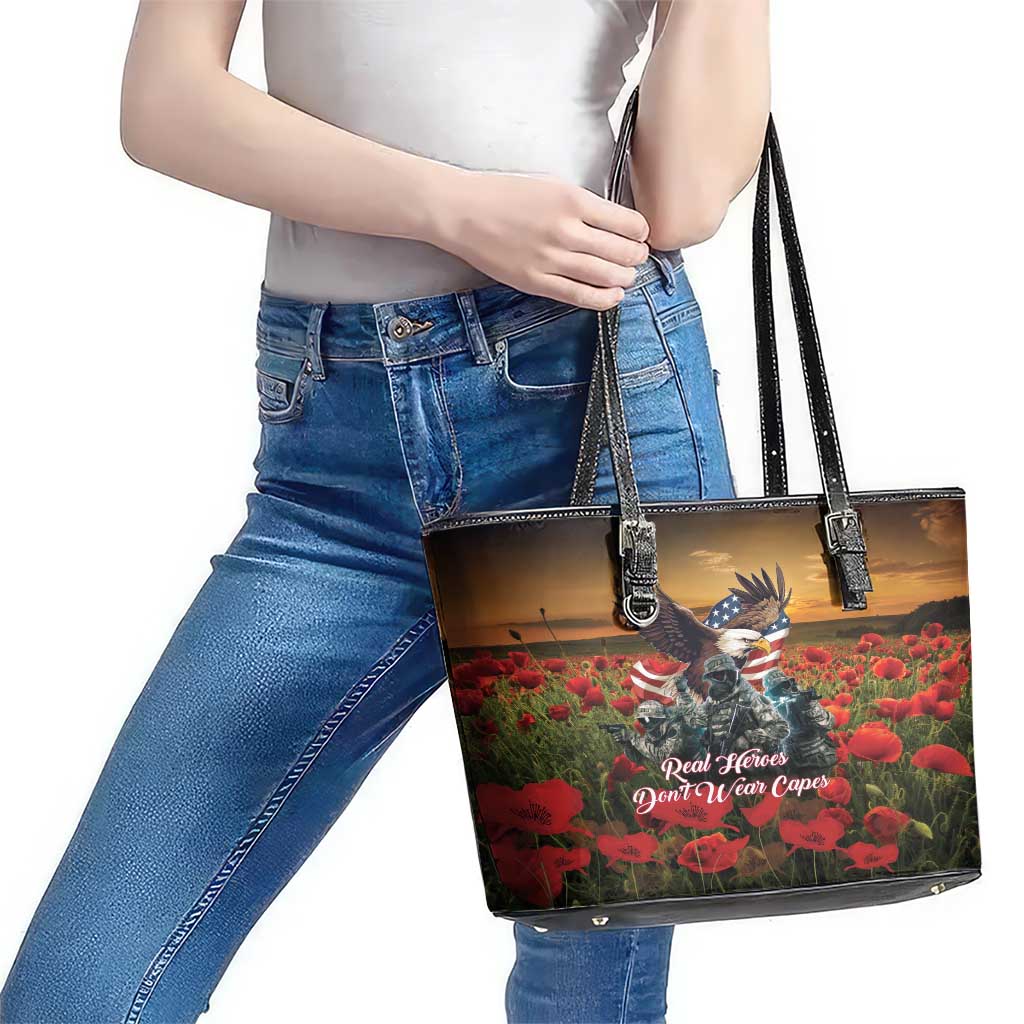 US Veterans Day American Army Leather Tote Bag With Poppy Flowers - Wonder Print Shop