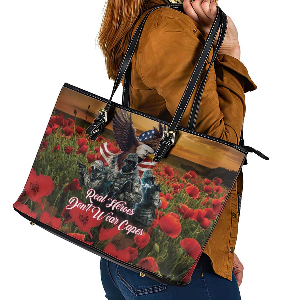 US Veterans Day American Army Leather Tote Bag With Poppy Flowers - Wonder Print Shop