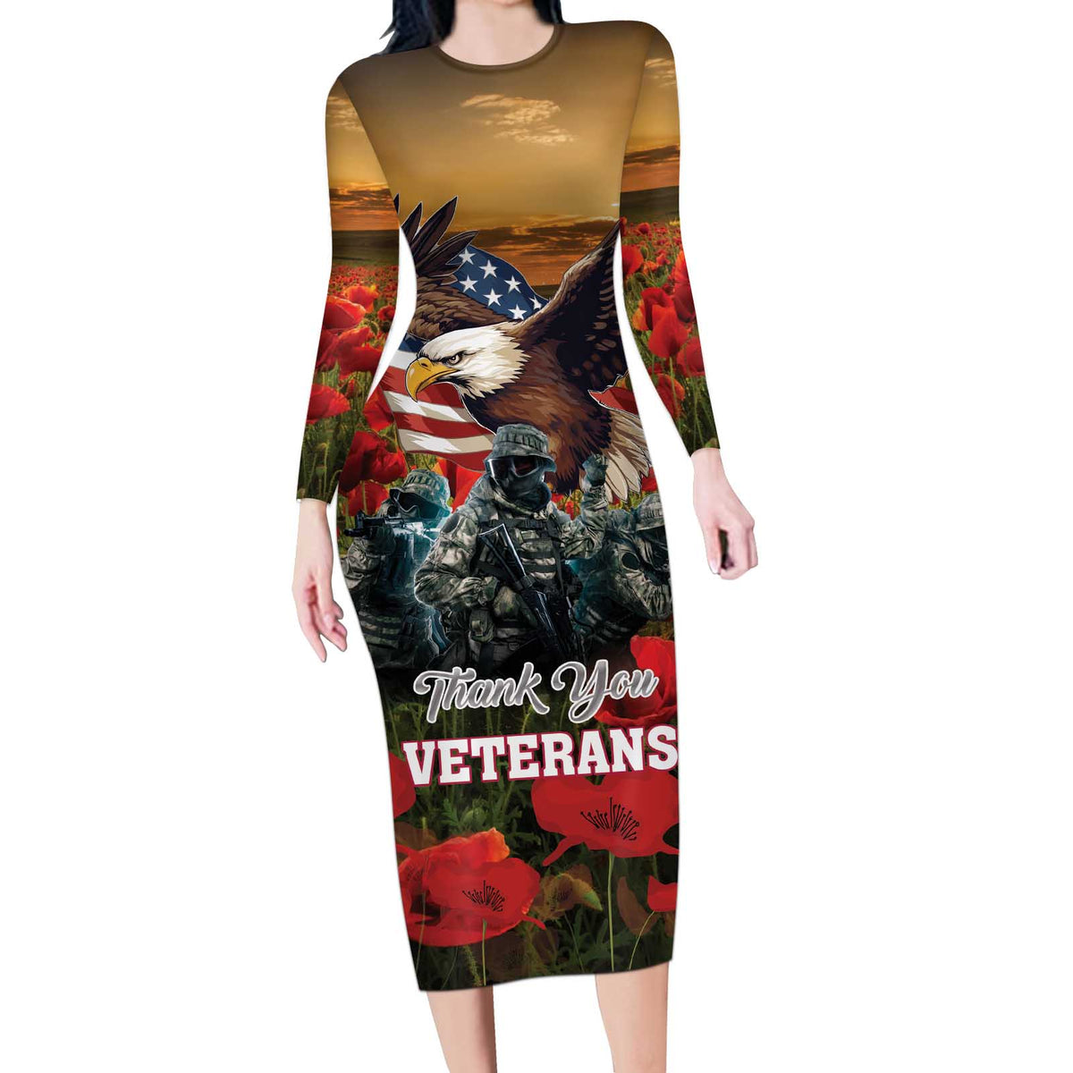 US Veterans Day American Army Long Sleeve Bodycon Dress With Poppy Flowers - Wonder Print Shop
